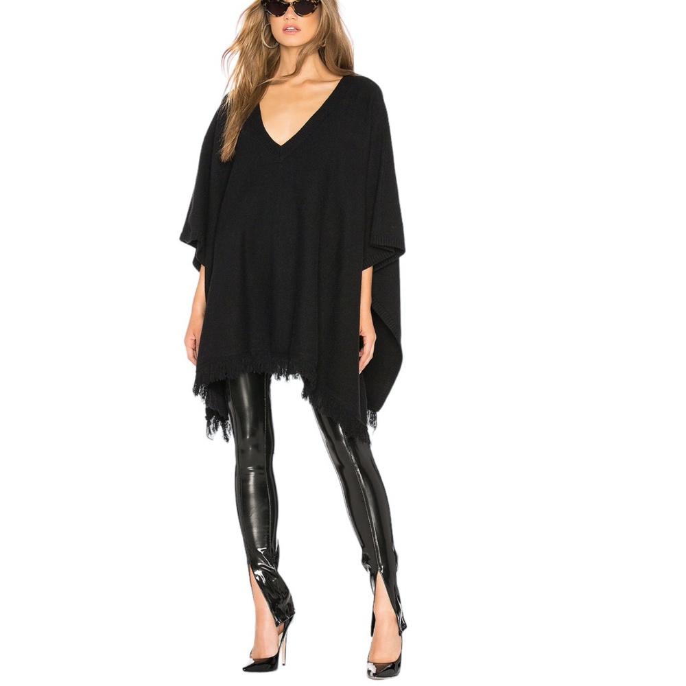 TULAROSA BLACK V-NECK OVERSIZE PONCHO WITH FRINGE TRIM AT HEM